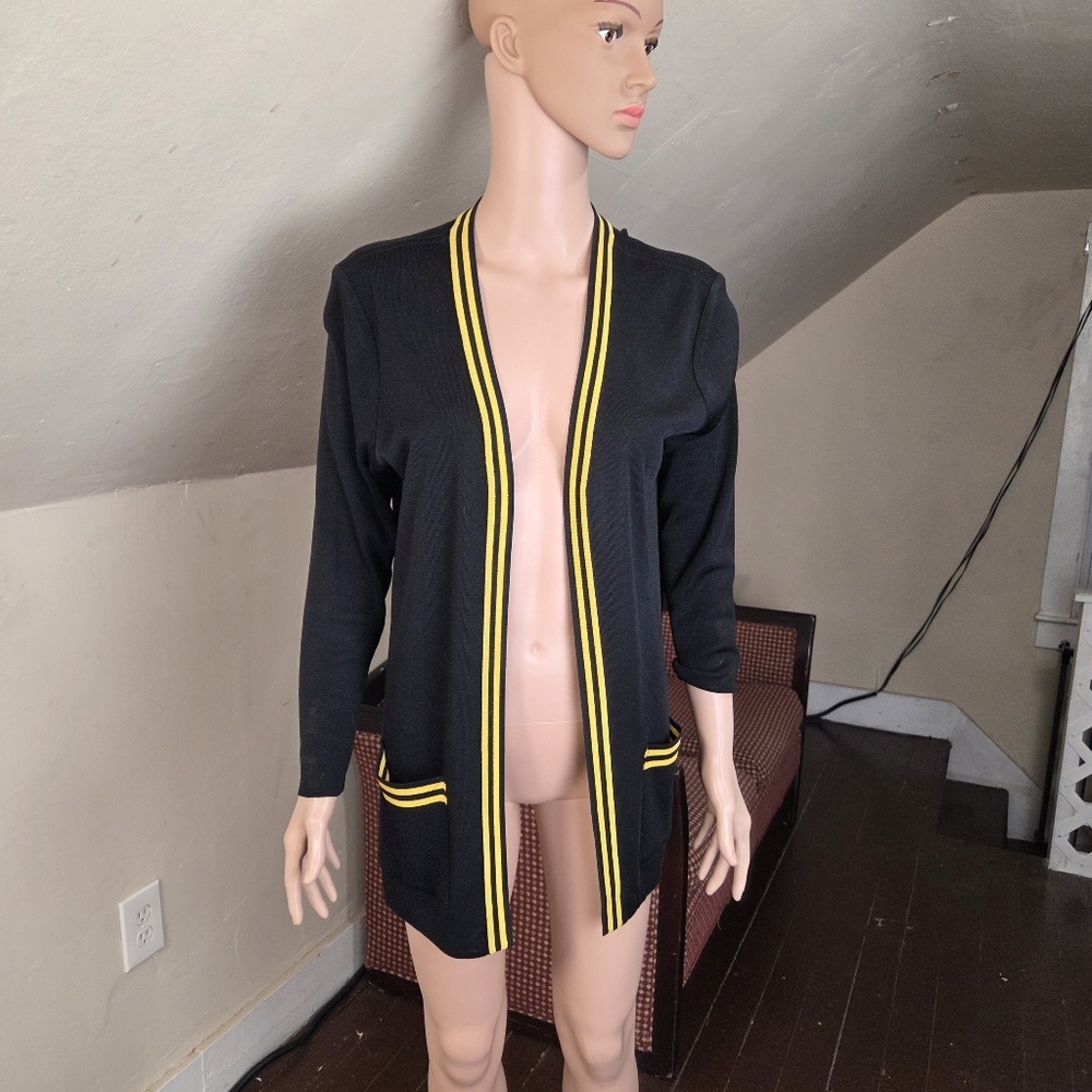 Howard Wolf Escape Women Open Front Cardigan Black Yellow Trim Size S